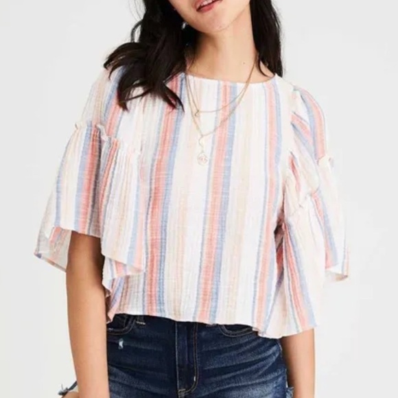 American Eagle Outfitters cozy beachy salsa gauze top flared bell sleeves EUC - Picture 2 of 9